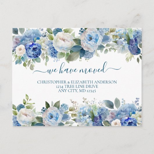 Blau-Weiße Blume Script Moving Ankündigungspostkarte (Vorderseite)