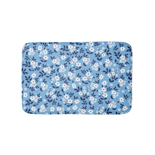 Blau, weiße Blume: Vintag Badematte (Vorderseite)