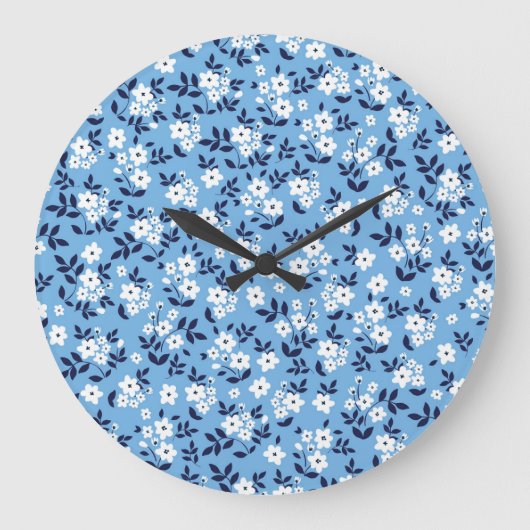 Blau, weiße Blume: Vintag Große Wanduhr (Vorderseite)