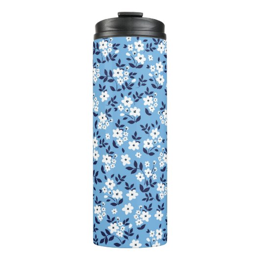 Blau, weiße Blume: Vintag Thermosbecher (Vorderseite)