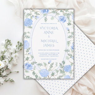 Blau-weiße Blumen Hochzeit im Vintage-Stil Einladung