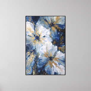 Blau-weiße Blumenmuster mit Gold – Abstrakte Wand Leinwanddruck