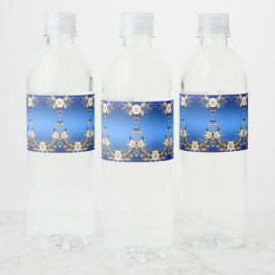 Blau-weiße Blumenverzierung Wasserflaschenetikett