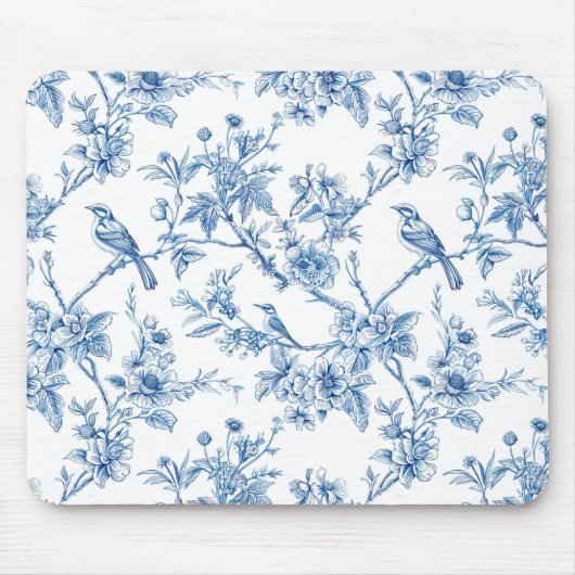 Blau-weiße Chinoiserie-Blumen-Vögel Mousepad (Vorne)