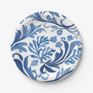 Blau Weiße Chinoiserie Floral Botanisch Pappteller