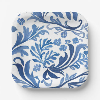 Blau Weiße Chinoiserie Floral Botanisch Pappteller