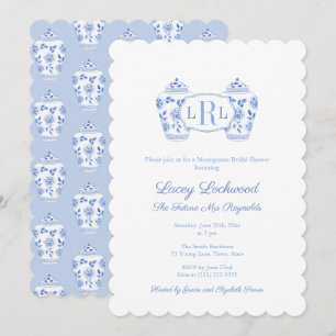 Blau-Weiße Chinoiserie-Monogramm-Brautstraußfeier Einladung