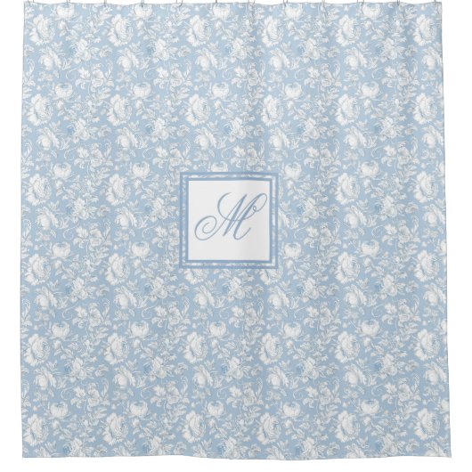 Blau-weiße Chinoiserie-Monogramm Duschvorhang (Vorderseite)