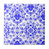 Blau-weiße Damask-Muster Elegant Fliese (Vorderseite)