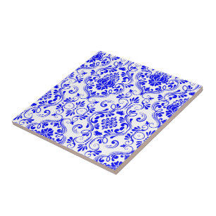 Blau-weiße Damask-Muster Elegant Fliese