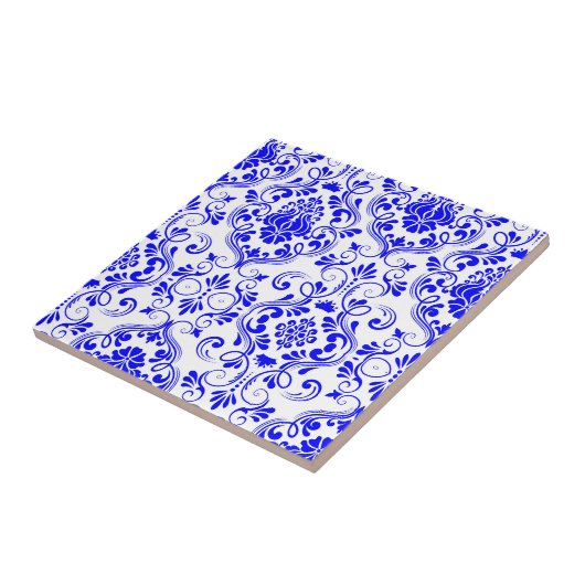 Blau-weiße Damask-Muster Elegant Fliese (Seite)