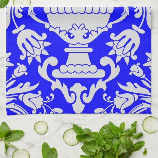 Blau-weiße Damask-Muster Elegant Geschirrtuch (Gefaltet)