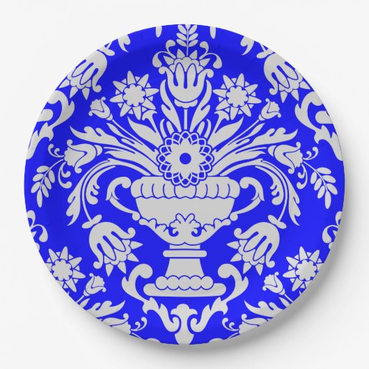 Blau-weiße Damask-Muster Elegant Pappteller (Vorderseite)
