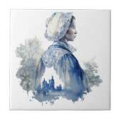 Blau-weiße Delft-Kunst mit einer Dorfszene Fliese (Vorderseite)