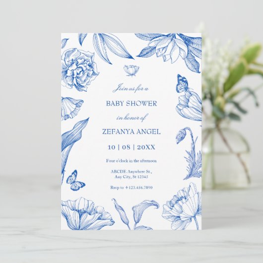 Blau-weiße, elegante Babydusche Einladung (Stehend Vorderseite)