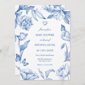 Blau-weiße, elegante Babydusche Einladung (Vorne/Hinten)