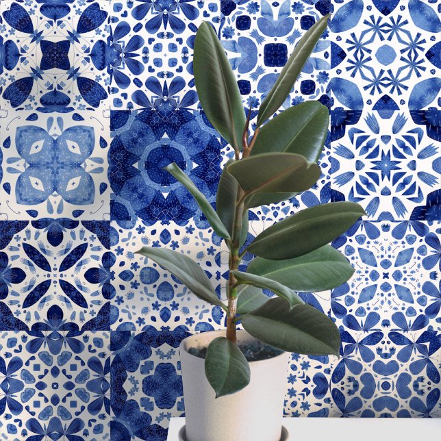 Blau-weiße Fliese Tapete (Mediterranean blue and white tile pattern watercolor peel and stick wallpaper)