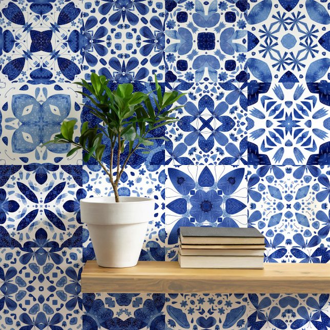 Blau-weiße Fliese Tapete (Mediterranean blue and white tile pattern watercolor peel and stick wallpaper)