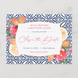 Blau weiße Fliesen Pink Citrus Hochzeit speichern Postkarte