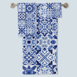 Blau-weiße Fliesenmuster Aquarell Badhandtuch Set