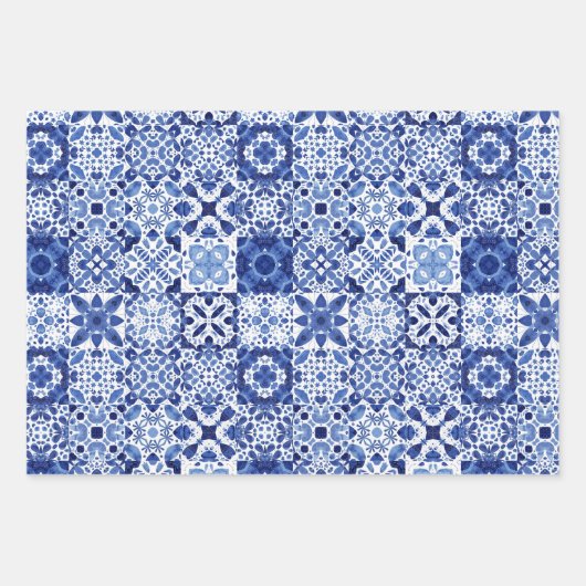 Blau-weiße Fliesenmuster Aquarell Geschenkpapier Set (Vorderseite 3)