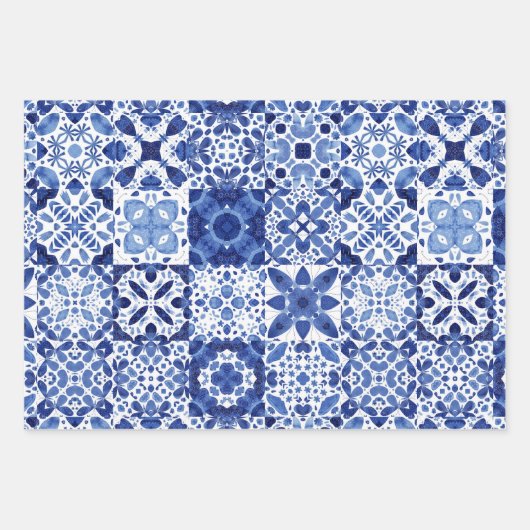 Blau-weiße Fliesenmuster Aquarell Geschenkpapier Set (Vorderseite 2)