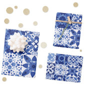 Blau-weiße Fliesenmuster Aquarell Geschenkpapier Set