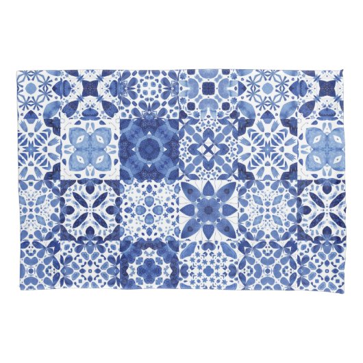 Blau-weiße Fliesenmuster Aquarell Kissenbezug (Vorderseite-Links)