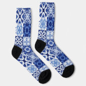 Blau-weiße Fliesenmuster Aquarell Socken (Rechts)