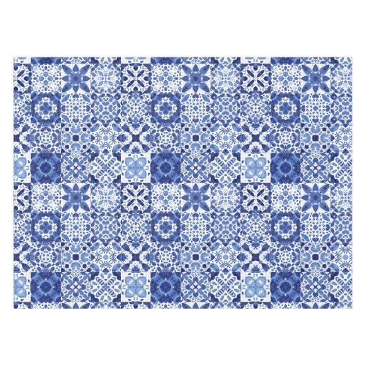 Blau-weiße Fliesenmuster Aquarell Tischdecke (Vorderseite (Horizontal))