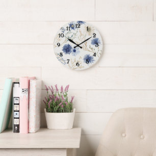 Blau Weiße Floral Große Wanduhr