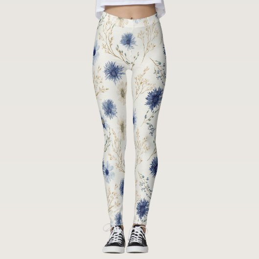 Blau Weiße Floral Leggings (Vorderseite)