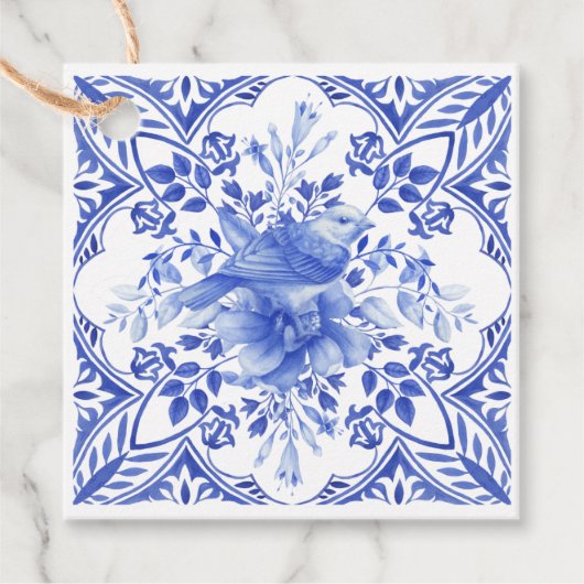 Blau-weiße Floral Tile mit Vogel Geschenkanhänger (Vorderseite)