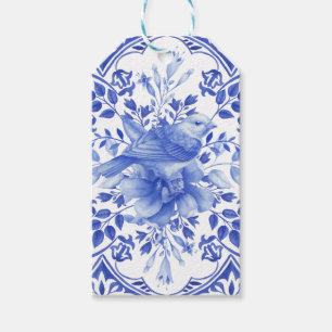 Blau-weiße Floral Tile mit Vogel Geschenkanhänger