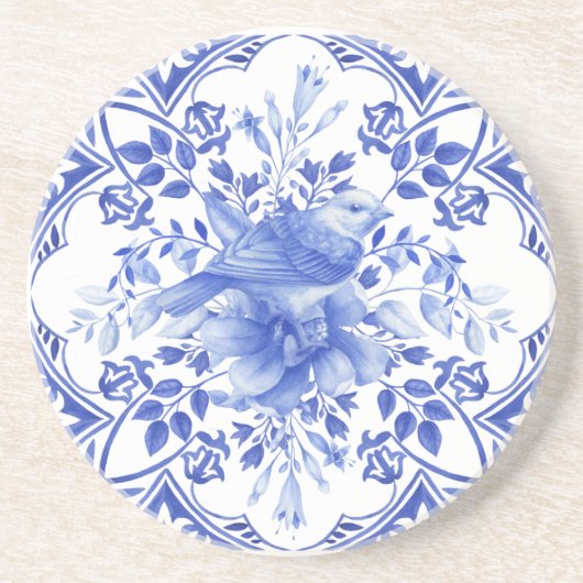 Blau-weiße Floral Tile mit Vogel Getränkeuntersetzer (Vorne)