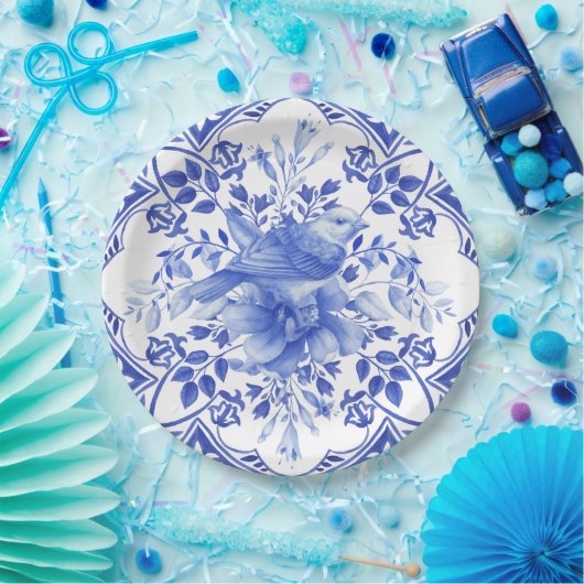 Blau-weiße Floral Tile mit Vogel Pappteller (Party)