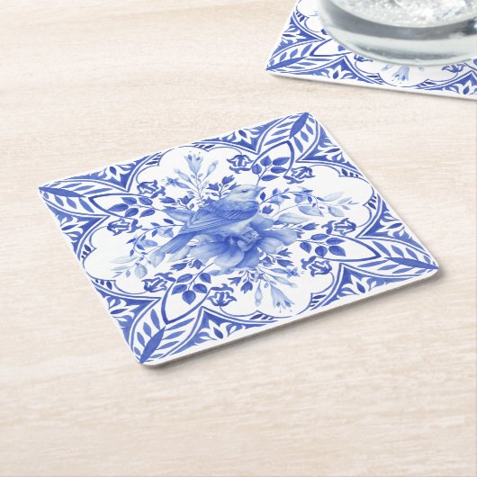 Blau-weiße Floral Tile mit Vogel Rechteckiger Pappuntersetzer (angewinkelt)