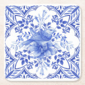 Blau-weiße Floral Tile mit Vogel Rechteckiger Pappuntersetzer (Vorderseite)
