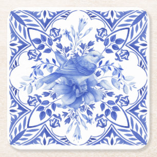Blau-weiße Floral Tile mit Vogel Rechteckiger Pappuntersetzer