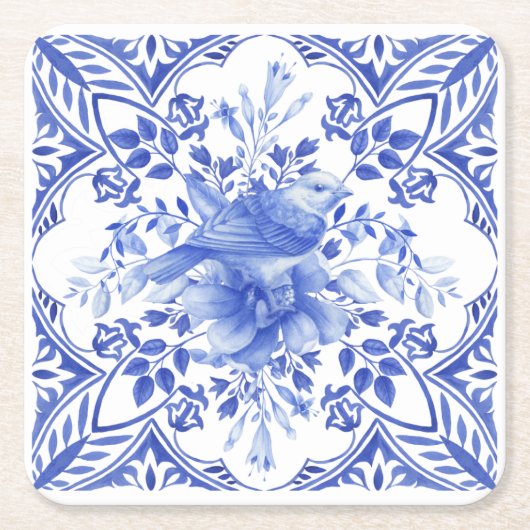 Blau-weiße Floral Tile mit Vogel Rechteckiger Pappuntersetzer (Vorderseite)