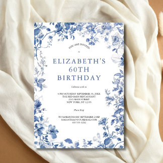 Blau Weiße Floral Toile Wasserfarbe 60. Geburtstag Einladung