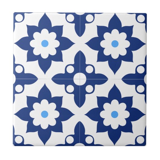 Blau-weiße florale Geometrie Fliese (Vorderseite)