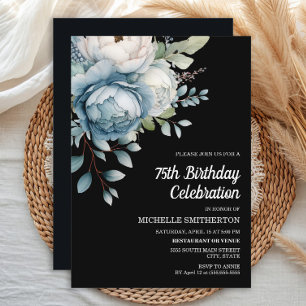 Blau Weiße Florale Schwarze Frauen 75. Geburtstag Einladung