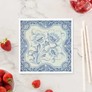 Blau-weiße florale viktorianische Majolika-Antik Serviette