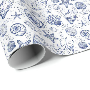 Blau-weiße Geschenkverpackung mit Muscheln Geschenkpapier
