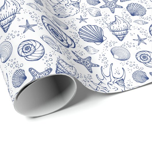 Blau-weiße Geschenkverpackung mit Muscheln Geschenkpapier (Rolleneckpunkt)