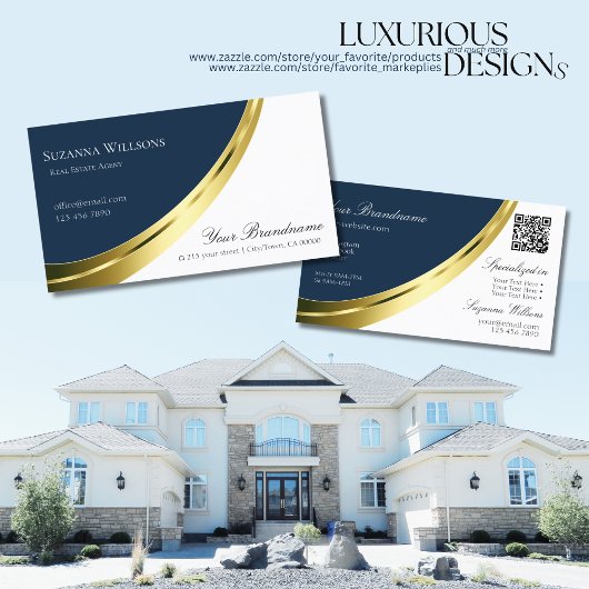 Blau-weiße Golddekoration mit QR-Code Stilvoll Visitenkarte