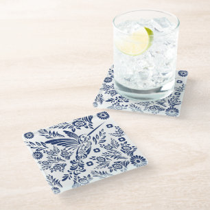 Blau-weiße Kolibri-Mexikanische Floral Talavera Glasuntersetzer