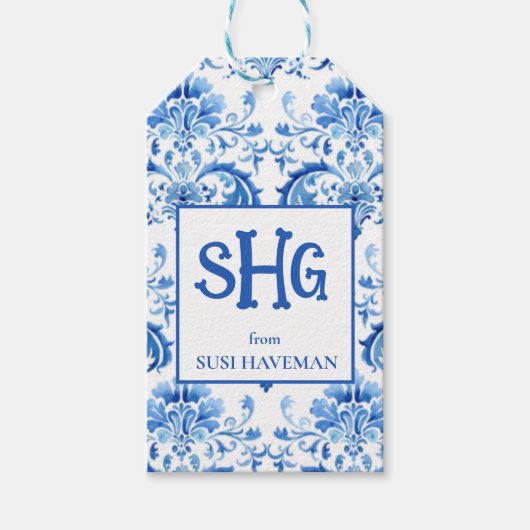 Blau-Weiße Monogramm-Geschenkkarte Geschenkanhänger (Vorderseite)
