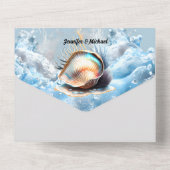Blau-weiße Muscheln Ozeanwellen irisierender Stran All In One Einladung (Rückseite)